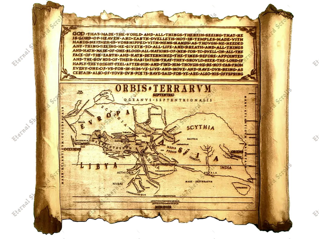 The Sacred Map — handcarved wood map of the known world in 30 A.D., Orbis Terrarum, the world in the time of Jesus Christ