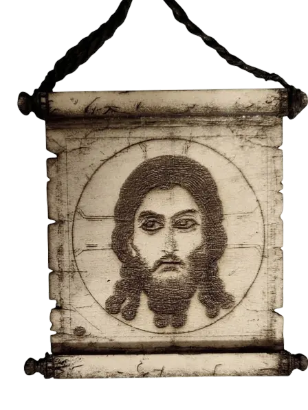 Car mirror icon, Mandylion and Orthodox cross, two-sided, basswood, 88 by 88mm