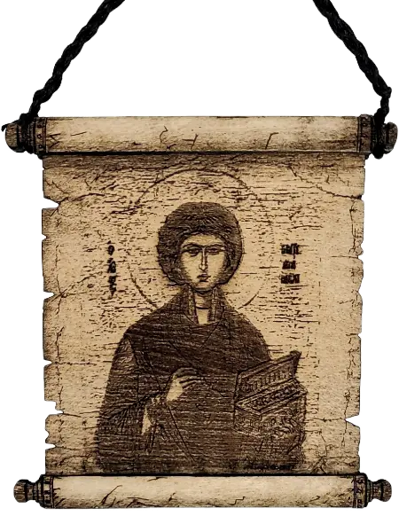 Car mirror icon, St. Panteleimon and Orthodox cross, two-sided, basswood, 88 by 88mm